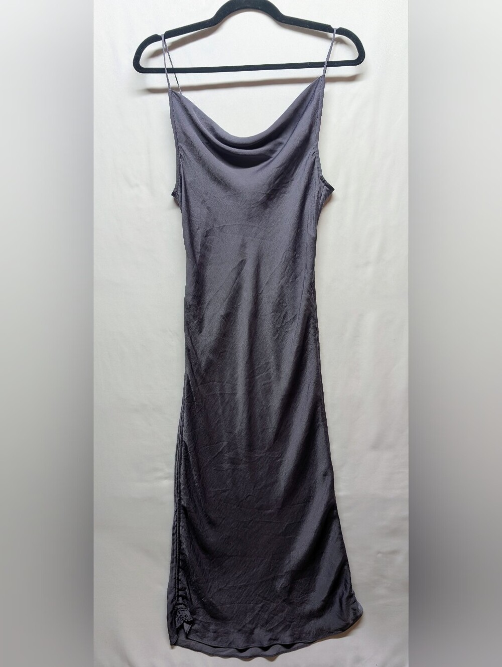 422-Free People Charcoal Satin Cowl Slip Maxi Dress